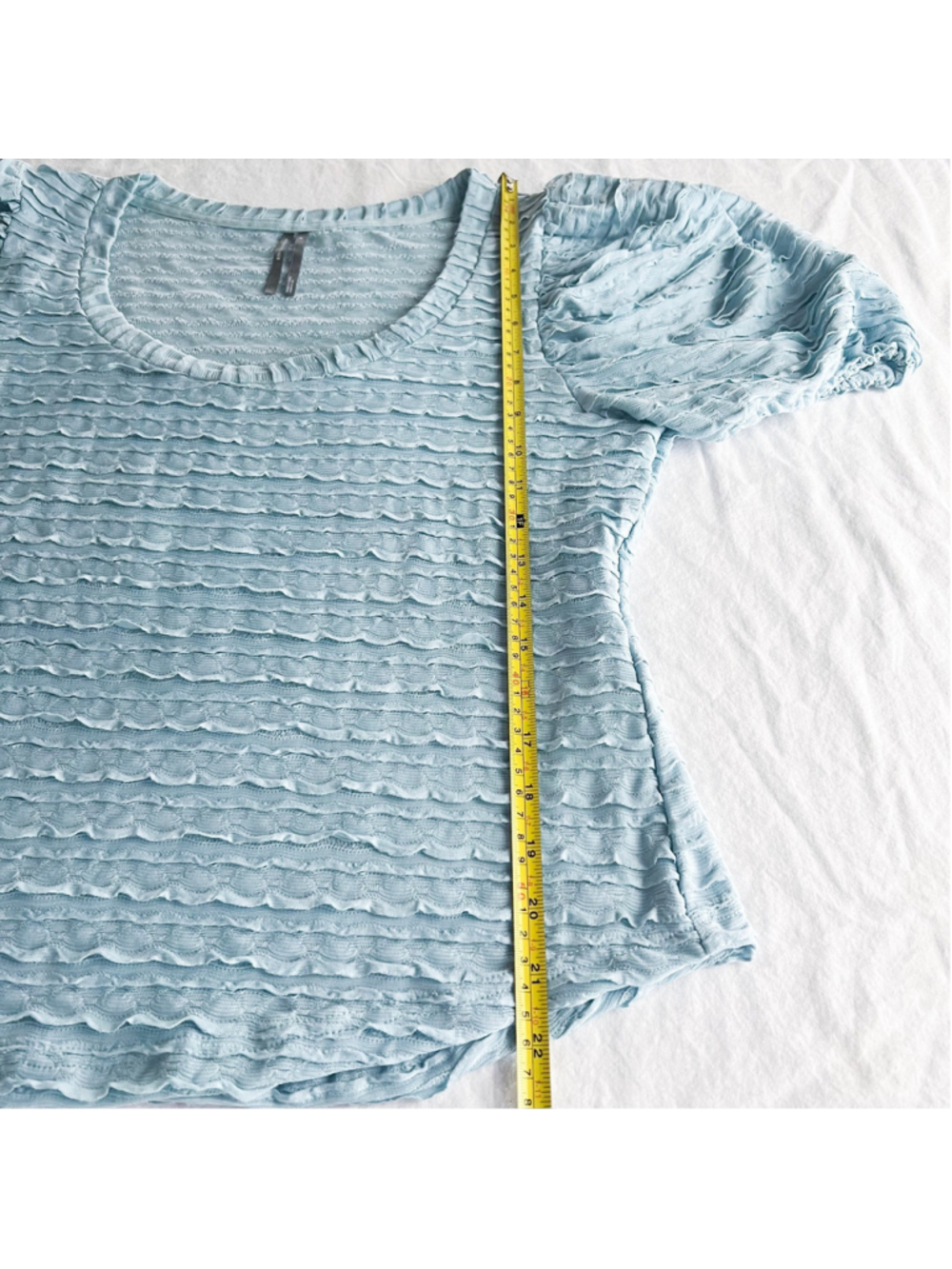 Anthropologie Light Blue Puff-Sleeve Scoop Neck Blouse Ruffle M Spring Coquette - Picture 7 of 7